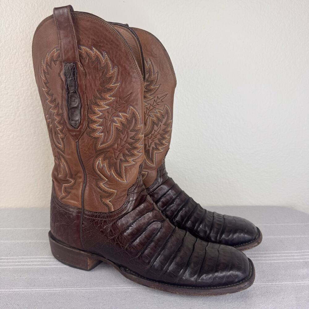 Lucchese Caiman Belly Leather Exotic Cowboy Western Boots Square Toe Brown 9.5 D